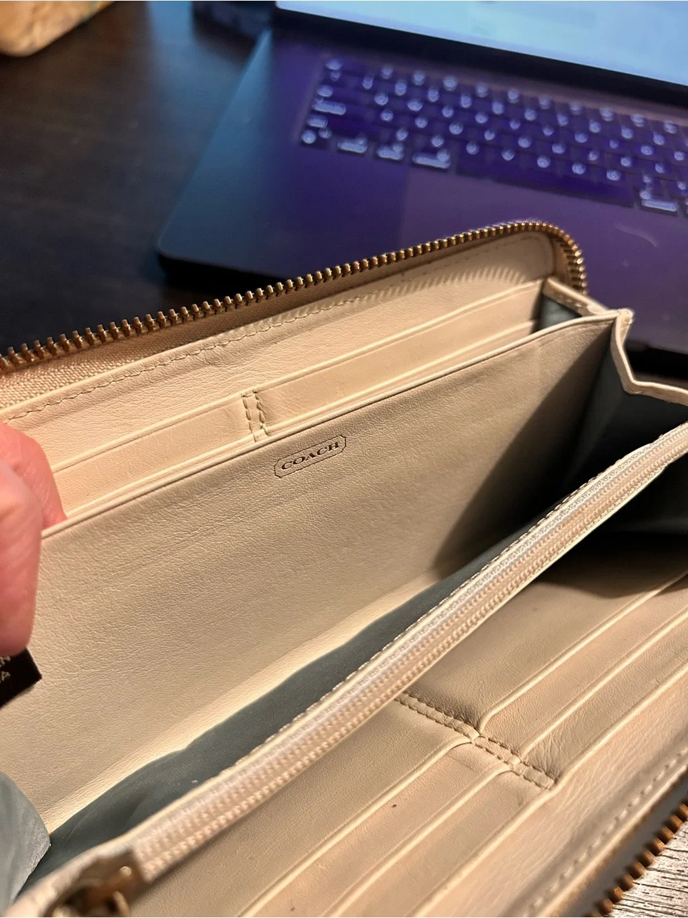 Coach Beige Leather Zip Around Wallet with Brass Hardware